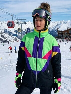 Colorblock 90s Neon Colorblock Ski Jacket - Green & Purple